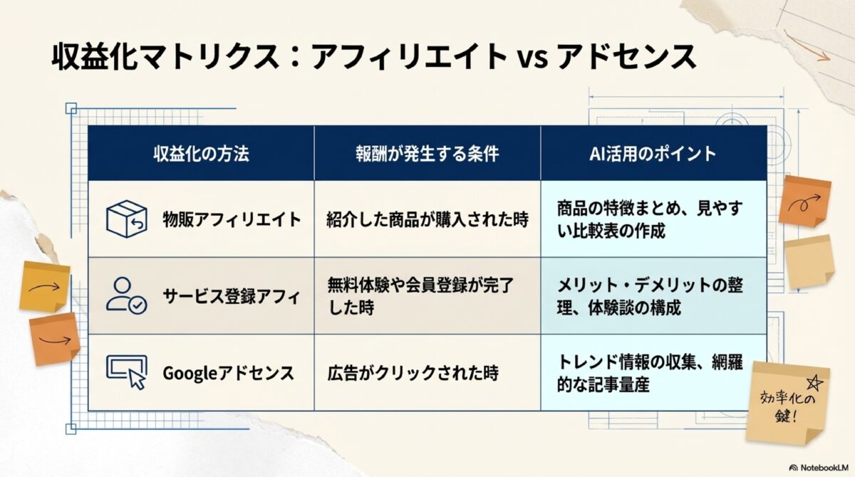 収益化マトリクス：アフィリエイトvsアドセンス