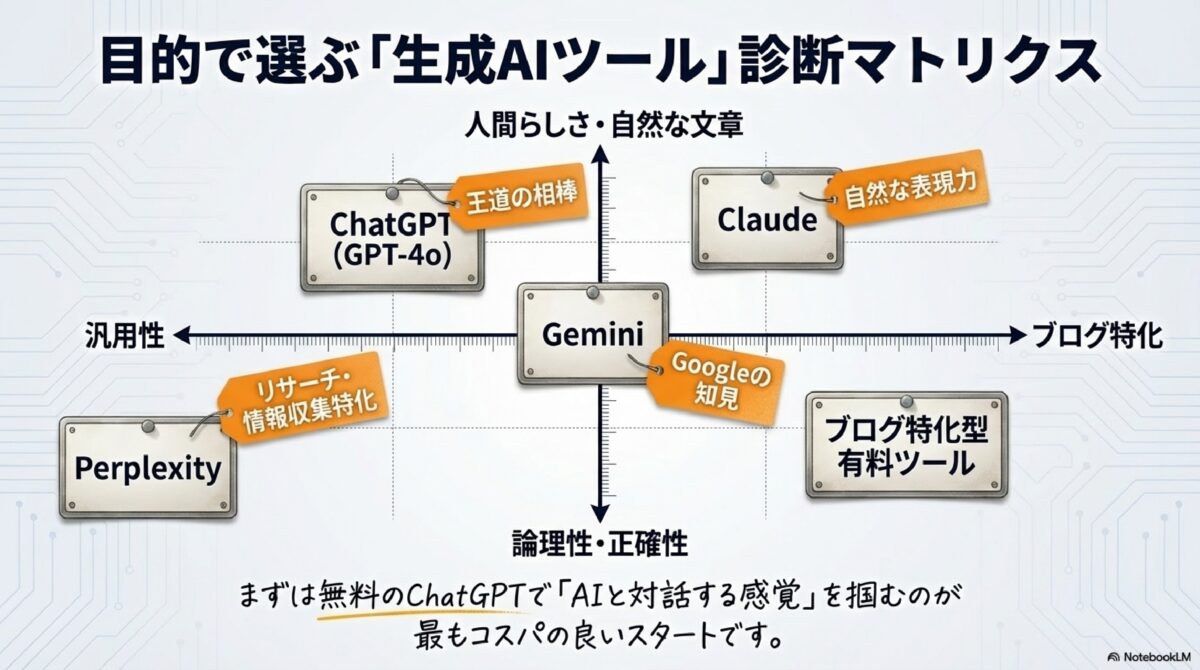 目的で選ぶ「生成AIツール」診断マトリクス